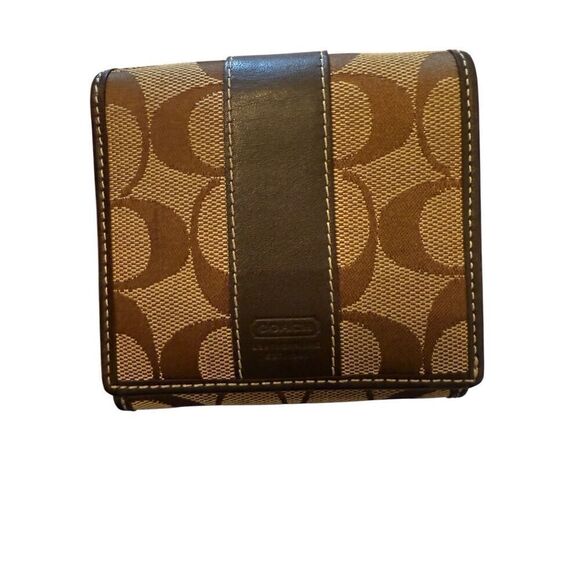 Coach Womens Brown Signature C Logo Leather Canvas Card Snap Bifold Wallet Small - Picture 6 of 10